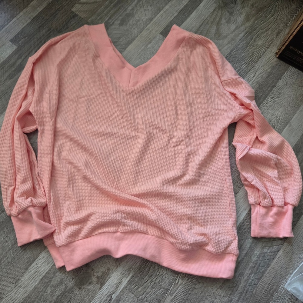Unbranded Peach Pink Waffle Knit V-Neck Pullover Top Large